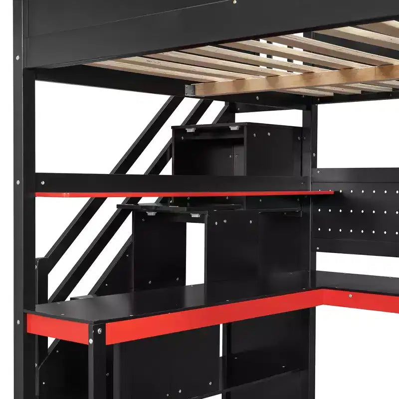 GDFStudio Scott hölzernes Gaming-Hochbett mit Stauraumtreppe, Schreibtisch, Regalen und Lochwand