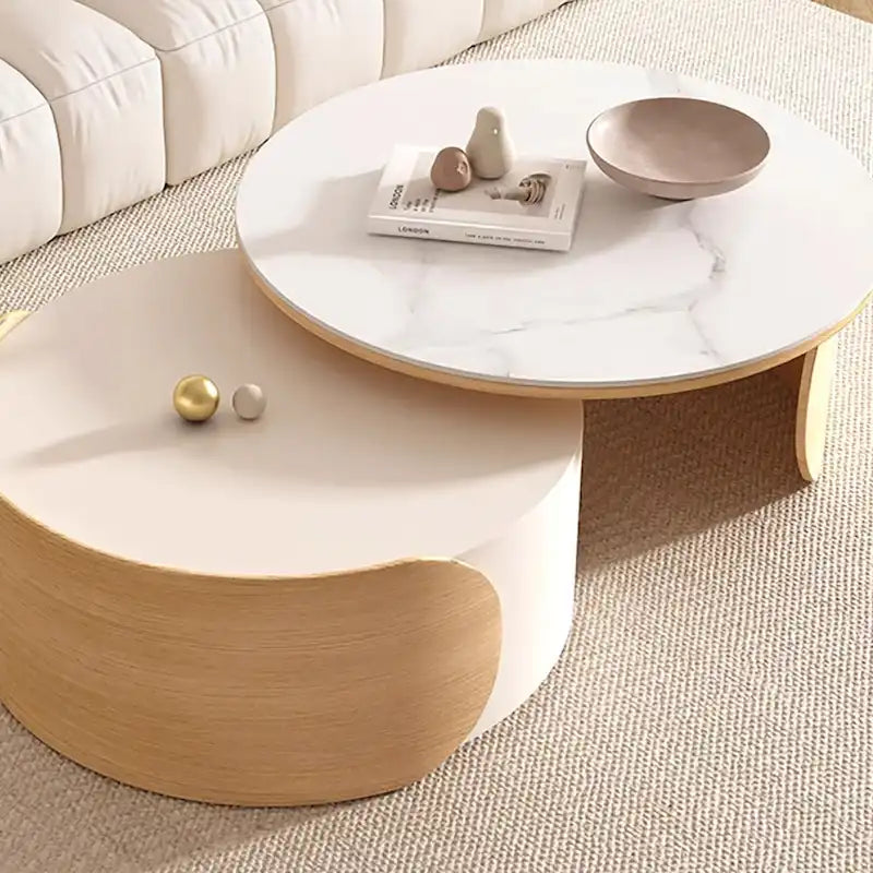Moderner runder Couchtisch, Stein-Tischplatte, Naturholz - 50 x 31.5
