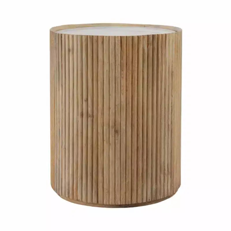 Dekorativer geriffelter Holzbeistelltisch mit Marmorplatte und Stauraum – kleiner Beistelltisch für Schlafzimmer oder Wohnzimmer