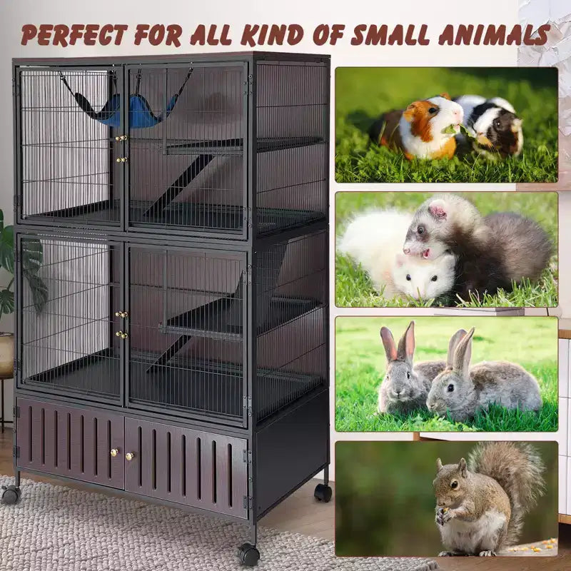 Kleintierkäfig, Frettchenkäfig – 150 cm 5-stöckiges Gehege mit Unterschrank, inklusive Hängematte/Rädern/abnehmbaren Rampen/leicht zu reinigenden Schalen