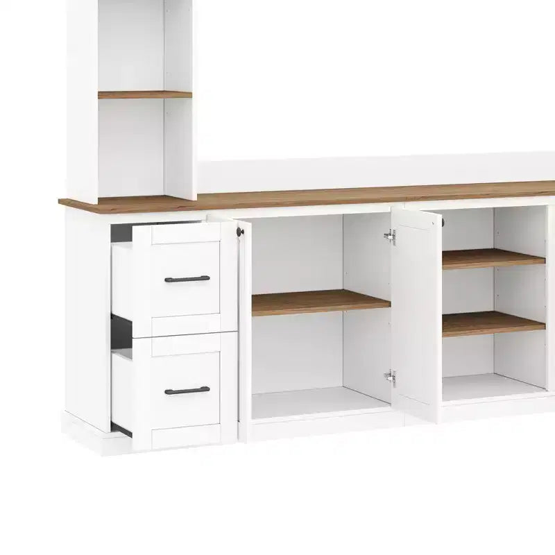 ModernLuxe 4-in-1 Bauernhaus Unterhaltungszentrum Wandregal, passend für Fernseher bis 70 Zoll, TV-Ständer Medienkonsole mit verstellbaren Regalen und Schubladen