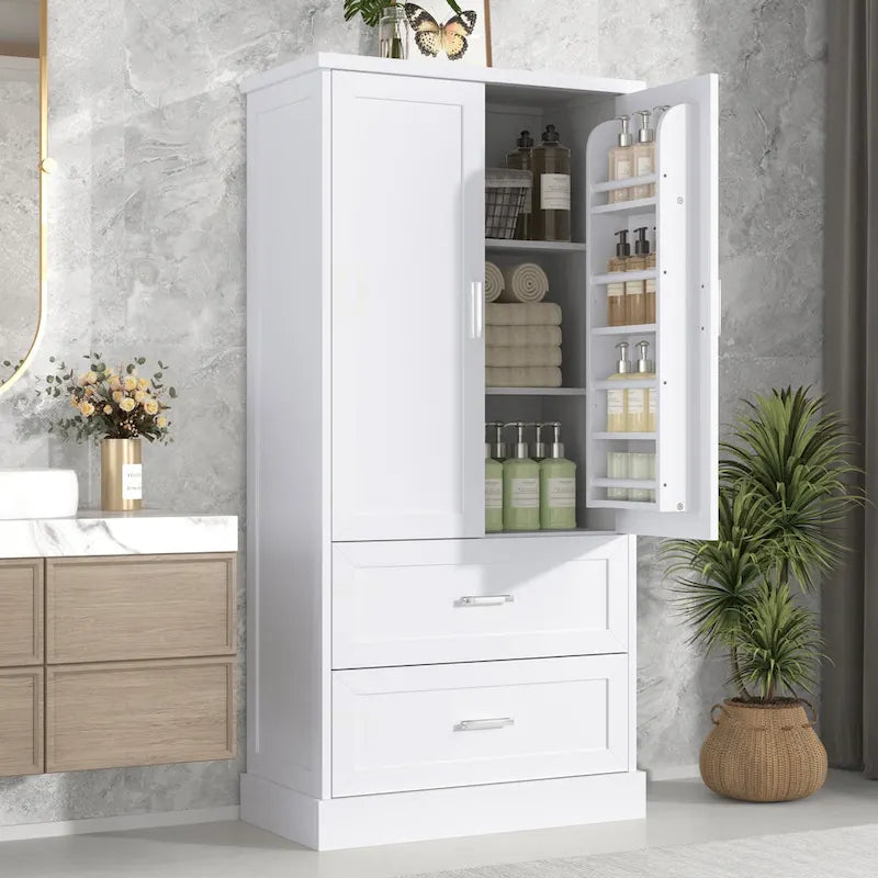 Hoher Badezimmerschrank, Schrank mit zwei Türen und Schubladen, verstellbarem Regal, MDF-Platte