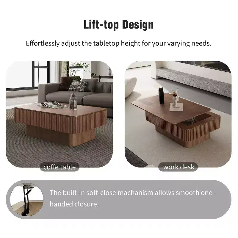 JVNOXK 38.6'' Geriffelter Couchtisch mit Stauraum und Liftfunktion, Massivholzfurnier Höhenverstellbarer Moderner Akzenttisch für Wohnzimmer, Schlafzimmer, Walnuss