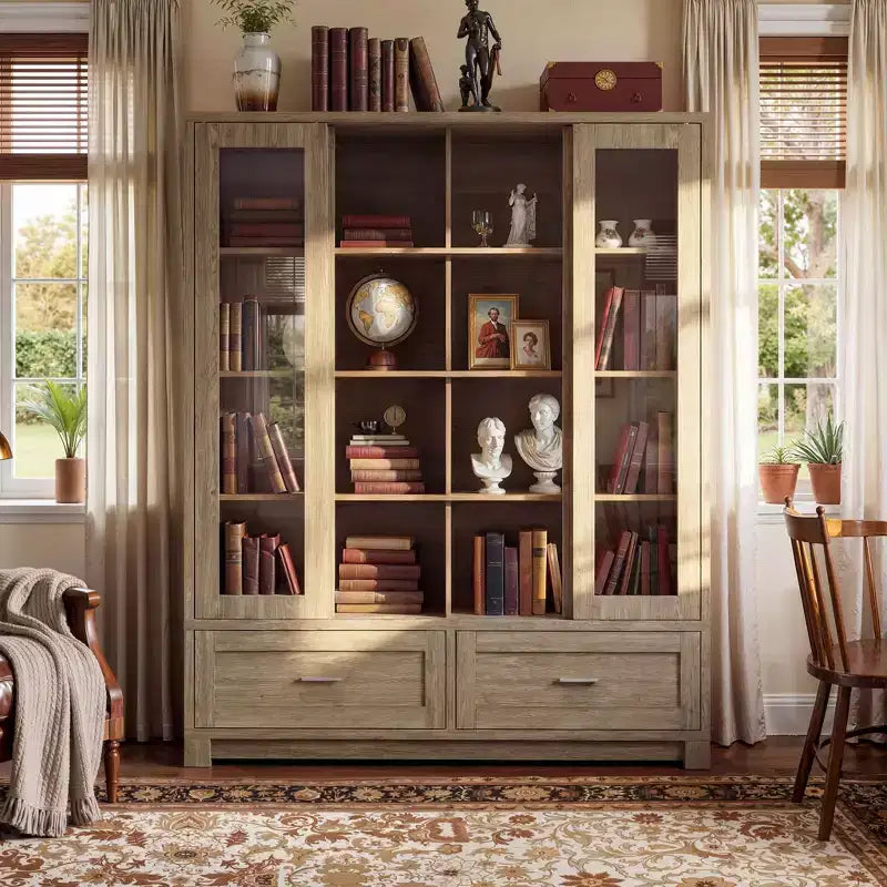 Famapy Vitrine aus heller Eiche: 63 cm breit, Schiebetüren aus Glas + Schubladen. Geräumiger Organizer für Heimbüchereien und Wohnzimmer