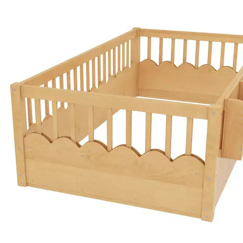 Bellemave Kinder-Bodenbett mit erhöhtem Zaun und Bücherregal, hölzernes Montessori-Bettgestell in Twin-Größe für Mädchen und Jungen