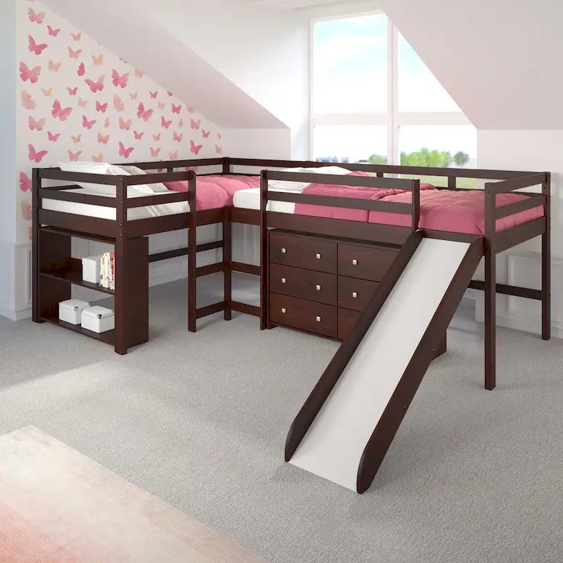 Doppeltes L-förmiges Etagenbett mit Rutsche und Schlafzimmermöbel-Set in dunklem Cappuccino