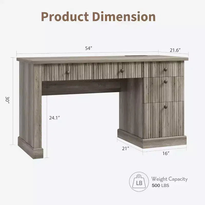 Geriffelter Home-Office-Schreibtisch mit Stauraum, 137 cm moderner Chefschreibtisch mit Ladestation, Computer-Schreibtisch aus Holz mit Aktenschubladen für das Arbeitszimmer