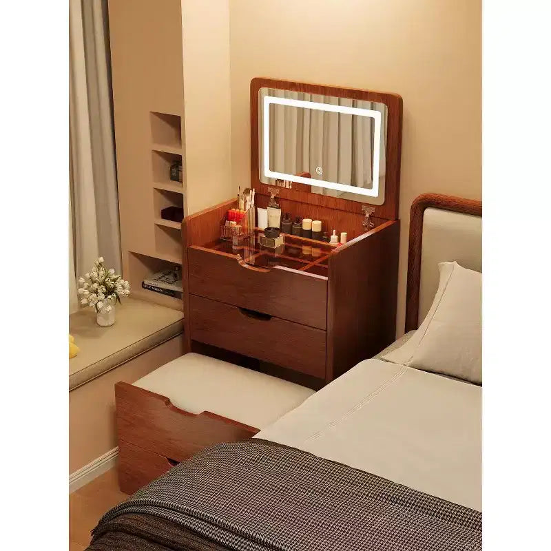 Okak 3-in-1 Schminktisch mit Klappspiegel, kompakter Waschtisch mit sichtbarer Glasplatte und gepolstertem Hocker, Schminktisch für das Schlafzimmer