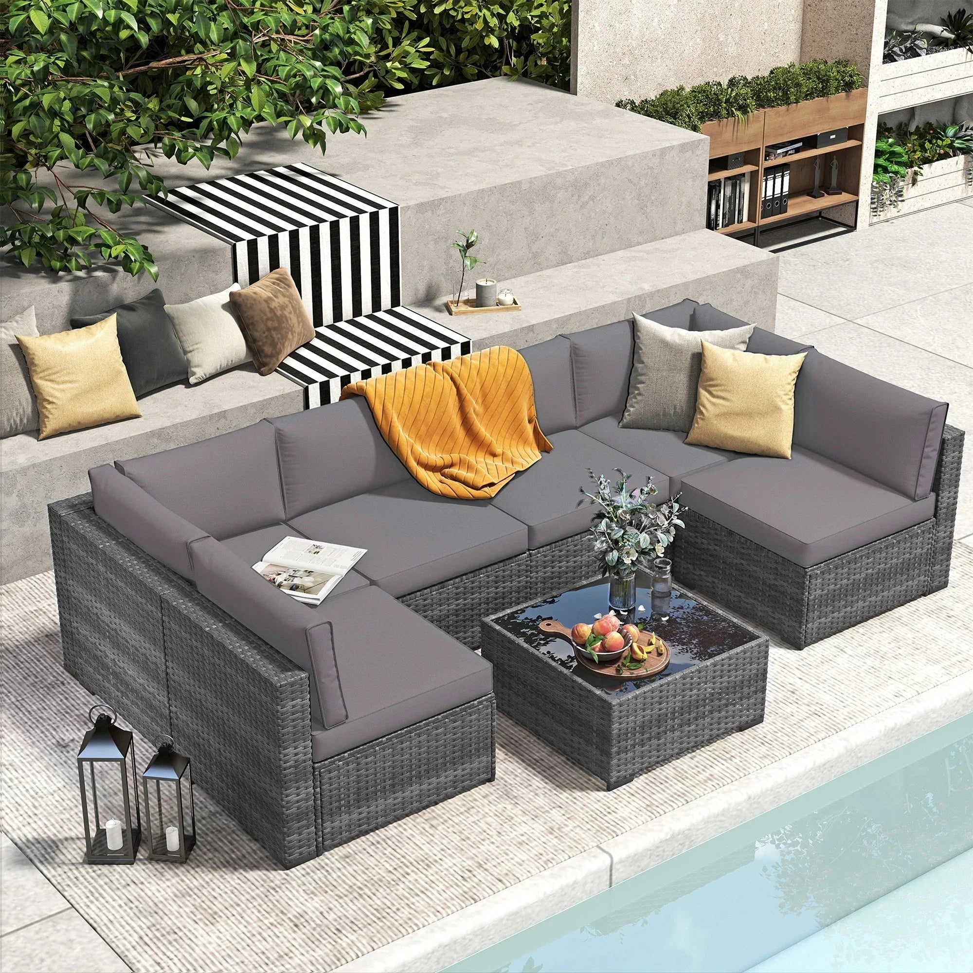 7-teiliges Outdoor-Sofa-Set aus Korbweide/Stahl mit Polstern