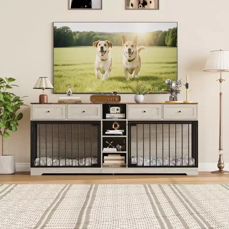 82" Doppel-Hundebox Möbel, großer Hundezwinger für 2 Hunde, robuster TV-Ständer aus Holz mit 4 Schubladen und Regalen