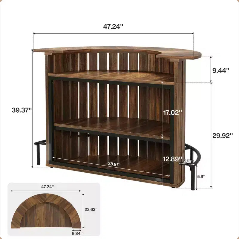 Bogenförmiger 4-stöckiger Mini-Bar-Tisch, moderner rustikaler Hausbarschrank mit Fußstütze und MDF-Konstruktion