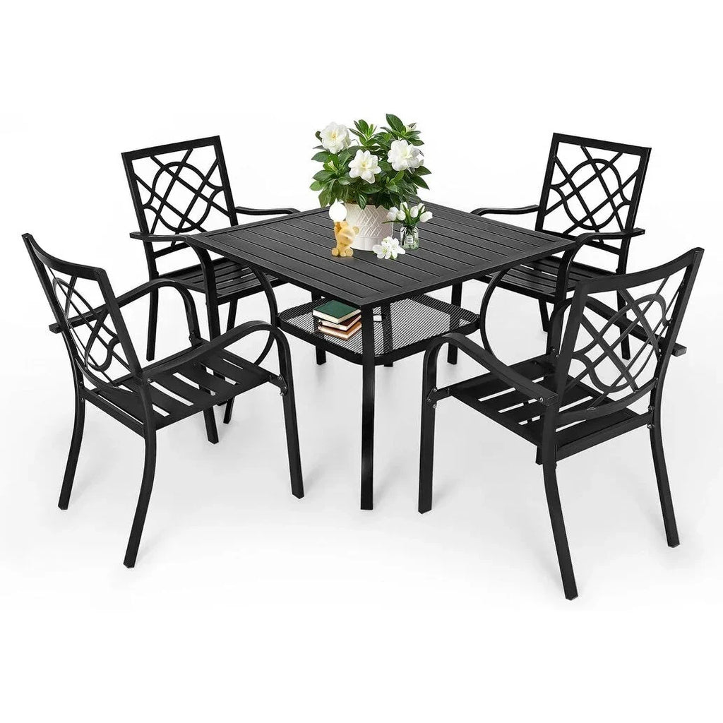 SUNCROWN Garten-Essgruppe 5/7-teilig, Stahl, Tisch mit Metalllatten und stapelbaren Stühlen, pulverbeschichteter Rahmen