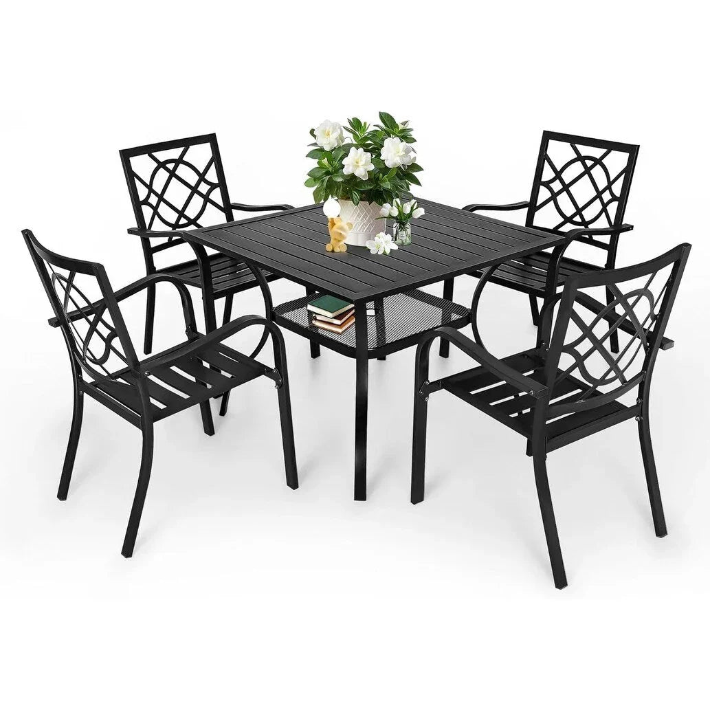 SUNCROWN Garten-Essgruppe 5/7-teilig, Stahl, Tisch mit Metalllatten und stapelbaren Stühlen, pulverbeschichteter Rahmen