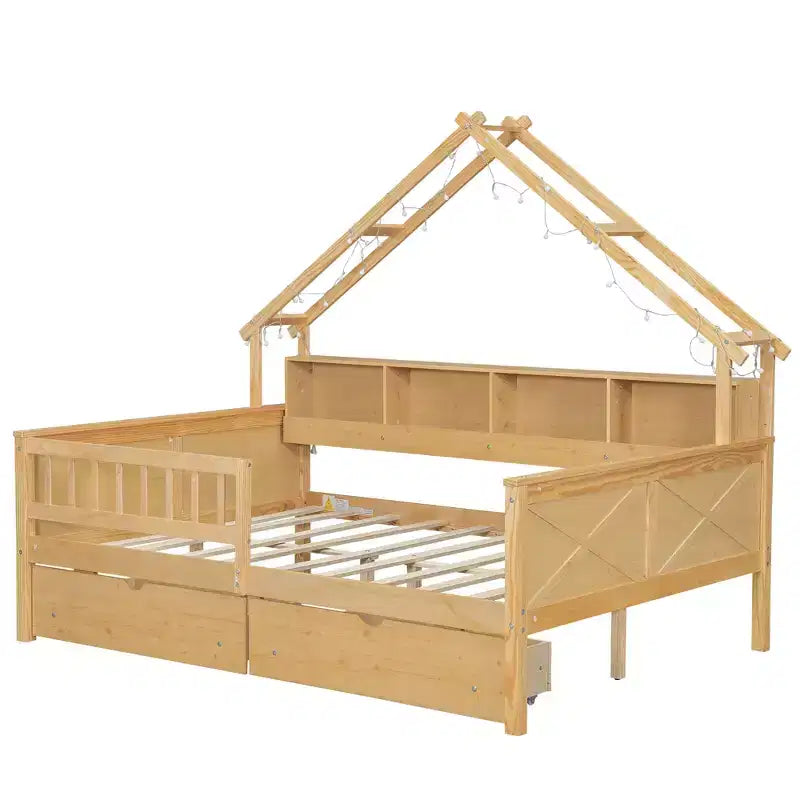 Hausbettgestell in voller Größe mit Schubladen, Haus-Plattformbett mit LED-Beleuchtung, Ablagefächern und Schubladen, Tagesbett aus Holz mit Dach und Geländer