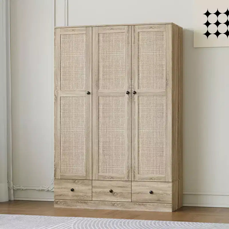 Famapy Rattan Kleiderschrank mit 3 Schubladen, 3 atmungsaktiven Rattan-Türen, Hochschrank im Bauernhausstil für das Schlafzimmer