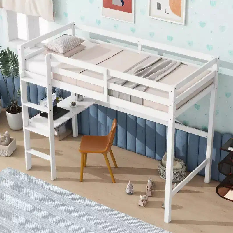 Okak Minimalism Hochbett mit Leiter, Hochbett aus Kautschukholz mit Sicherheitsgeländer und integriertem Schreibtisch, Bettrahmen für Kinder, Jugendliche
