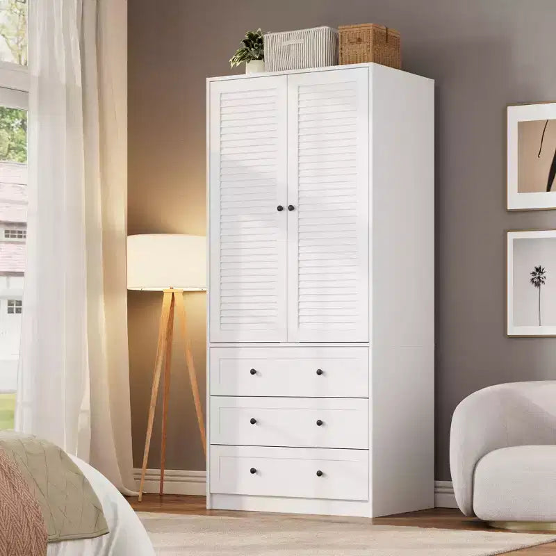 COZONY Kleiderschrank mit 3 Schubladen und 2 Türen, moderner Holzschrank für Schlafzimmer, robuster weißer Stehschrank