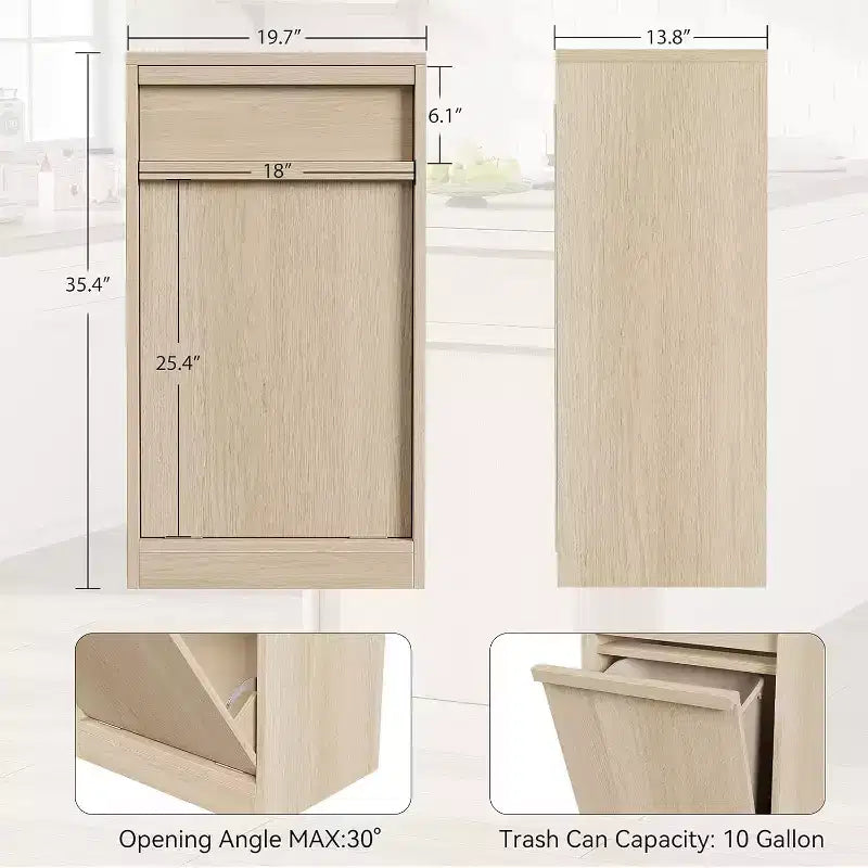 Kippbarer Mülleimer, natürliche Eiche, Mülleimer mit Stauraum und Schublade, versteckter Müllschrank, Wäschekorb für Küche, Esszimmer, Wohnzimmer