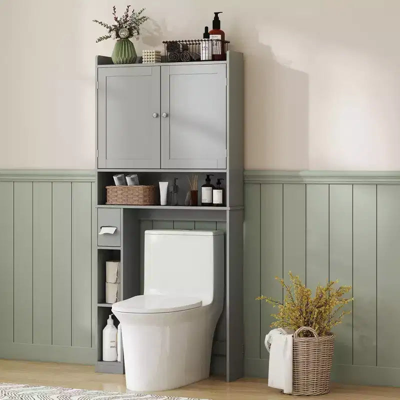 HOMCOM Überbau für die Toilette, moderner Badezimmer-Organizer mit 2 Türen, Toilettenpapierhalter, freistehendes Platzsparwunder