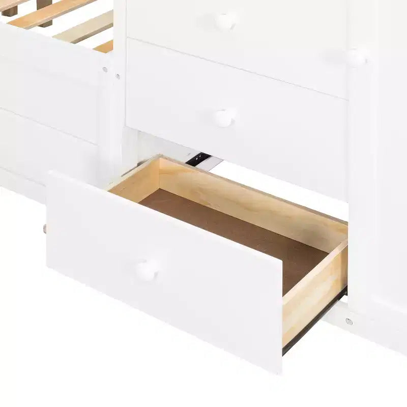 Etagenbett „Full-over-Full“ mit Kleiderschrank und Schubladen, platzsparendes Etagenbett aus Holz in voller Größe mit Rausfallschutz für Apartment, Schlafzimmer
