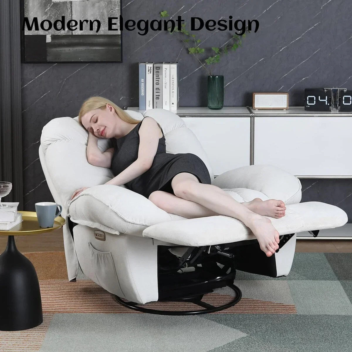 XINMICS Drehbarer elektrischer Relaxsessel, Massage-Schaukel-Liegesessel mit Heizfunktion, USB, USB-C und Seitentasche