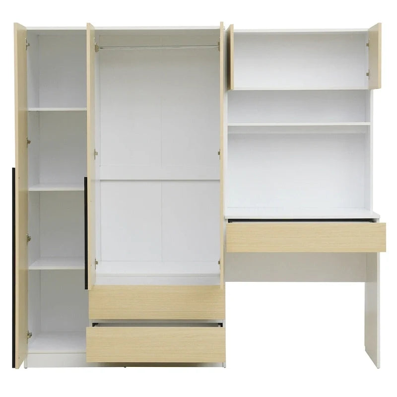 3-in-1 Kleiderschrank mit Schminktisch, Schreibtisch-Set, Schlafzimmer-Schrank mit 2 Schubladen, 3-türiger Aufbewahrungsschrank mit Schreibtisch