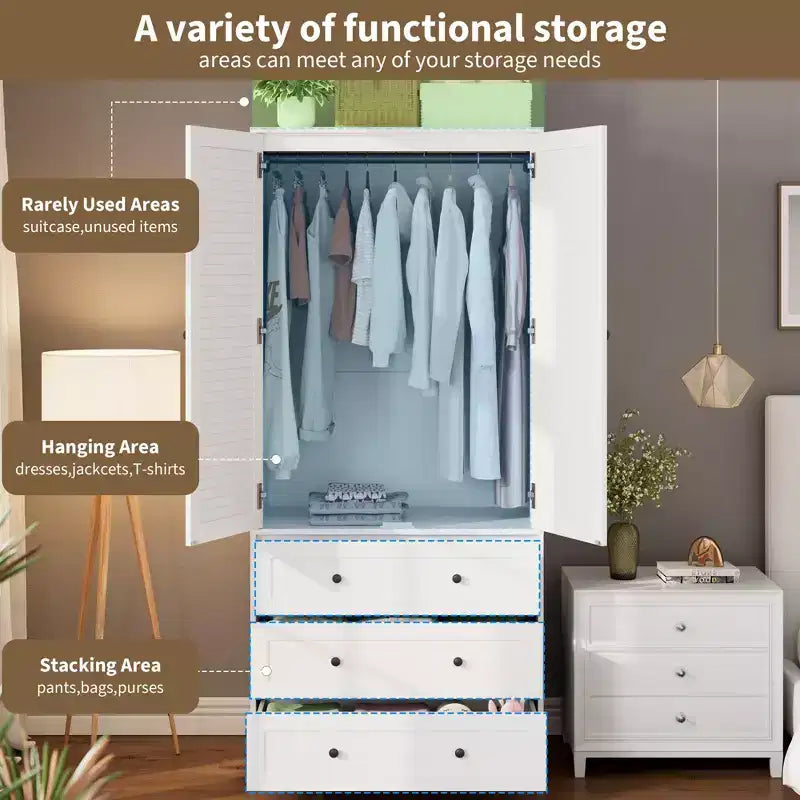 COZONY Kleiderschrank mit 3 Schubladen und 2 Türen, moderner Holzschrank für Schlafzimmer, robuster weißer Stehschrank