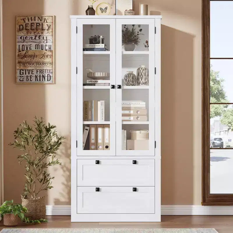 Farmhouse Küchenschrank mit Glastüren, 183 cm Vorratsschrank mit Schubladen und verstellbaren Regalböden für Esszimmer, Bad, Wohnzimmer