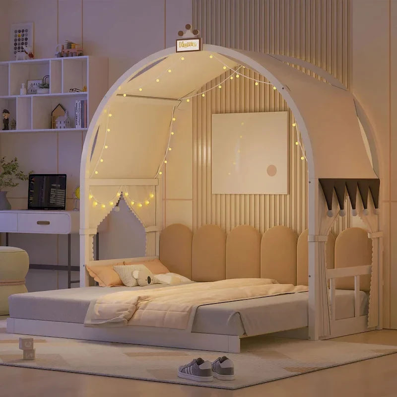 Massivholz-Spielhaus-Plattformbett, Montessori-Bettrahmen mit gewölbtem Dach und Ausziehbett für Mädchen und Jungen