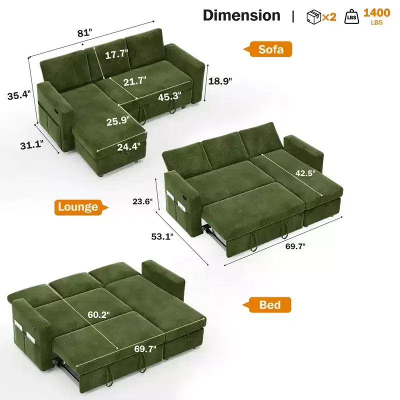 2-in-1 Schlafsofa zum Ausziehen mit Stauraum-Recamiere, Chenille-Ecksofa mit USB-Anschlüssen für das Wohnzimmer