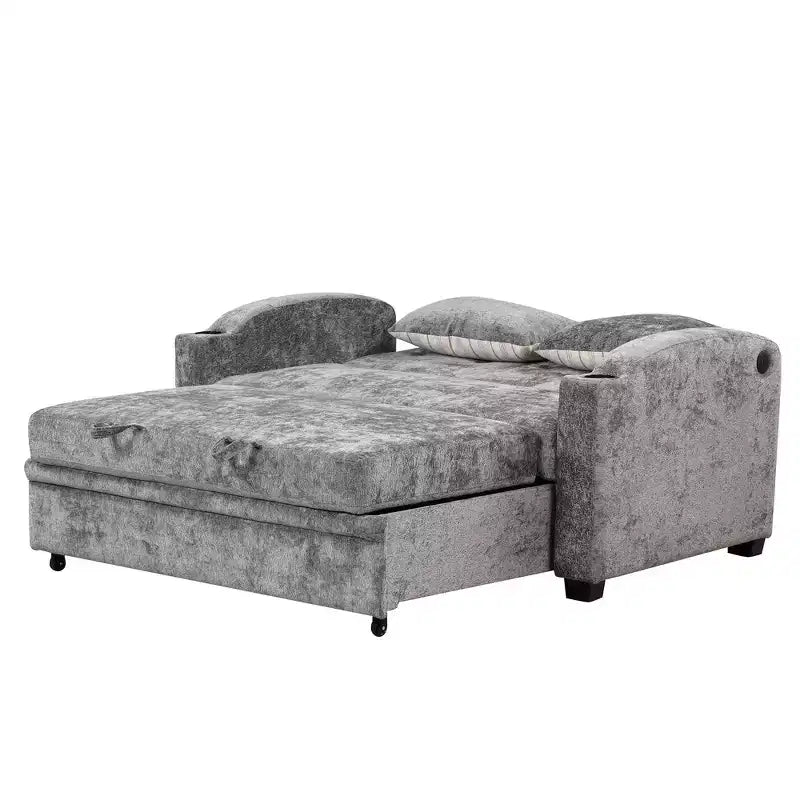 61.6 Modernes Chenille-Schlafsofa mit USB-Anschlüssen, Becherhaltern und verstellbarer Rückenlehne für Wohnzimmer, Apartment