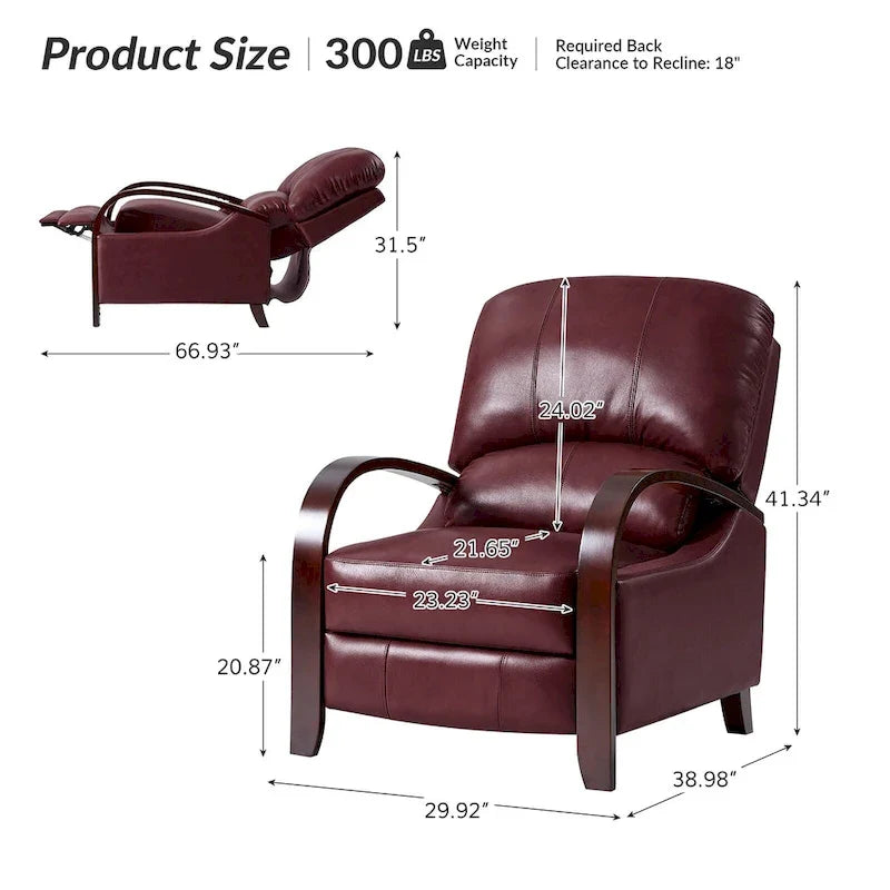 Alex Mid-Century Modern Zigarren-Sessel aus echtem Leder mit manueller Relaxfunktion und geschwungenen Holzarmlehnen