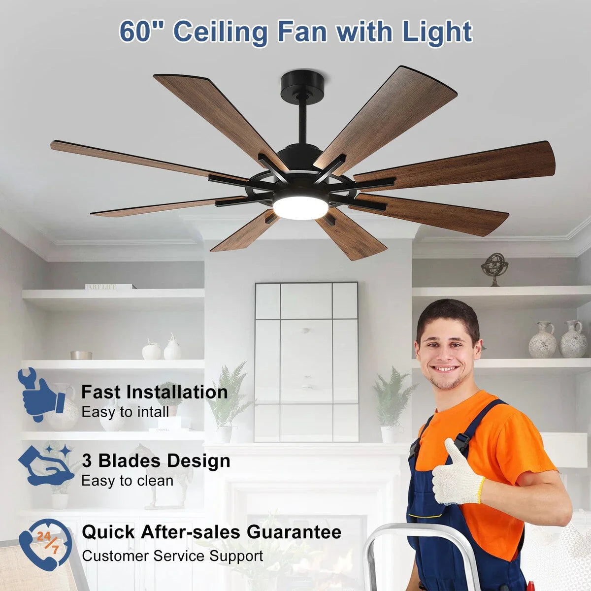 Deckenventilator mit Beleuchtung, Fernbedienung, groß, 8 Holzflügel
