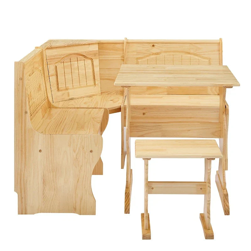 MUSEHOMEINC Essgruppe im traditionellen Stil, 3-teilig, aus massivem Holz, mit Eckbank und verstecktem Stauraum, Eckbank-Esstisch-Set