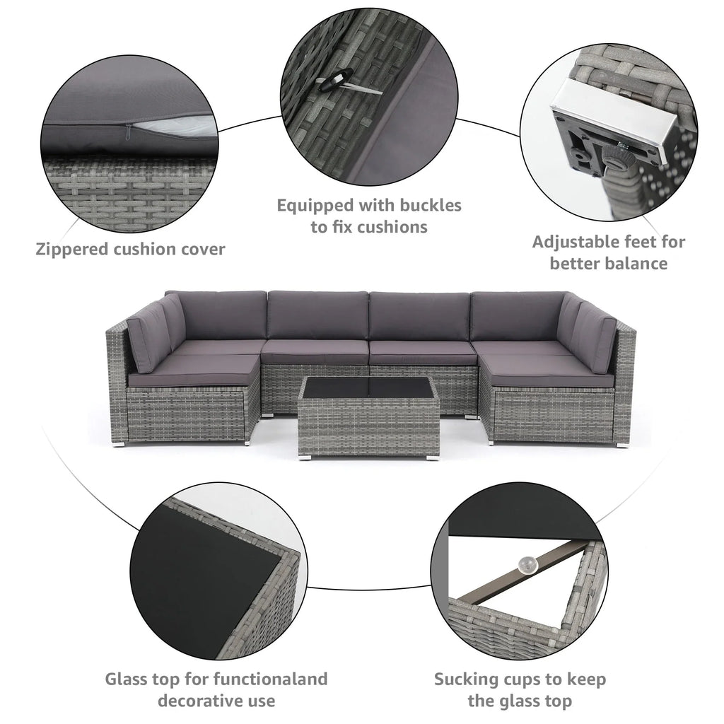 7-teiliges Outdoor-Sofa-Set aus Korbweide/Stahl mit Polstern