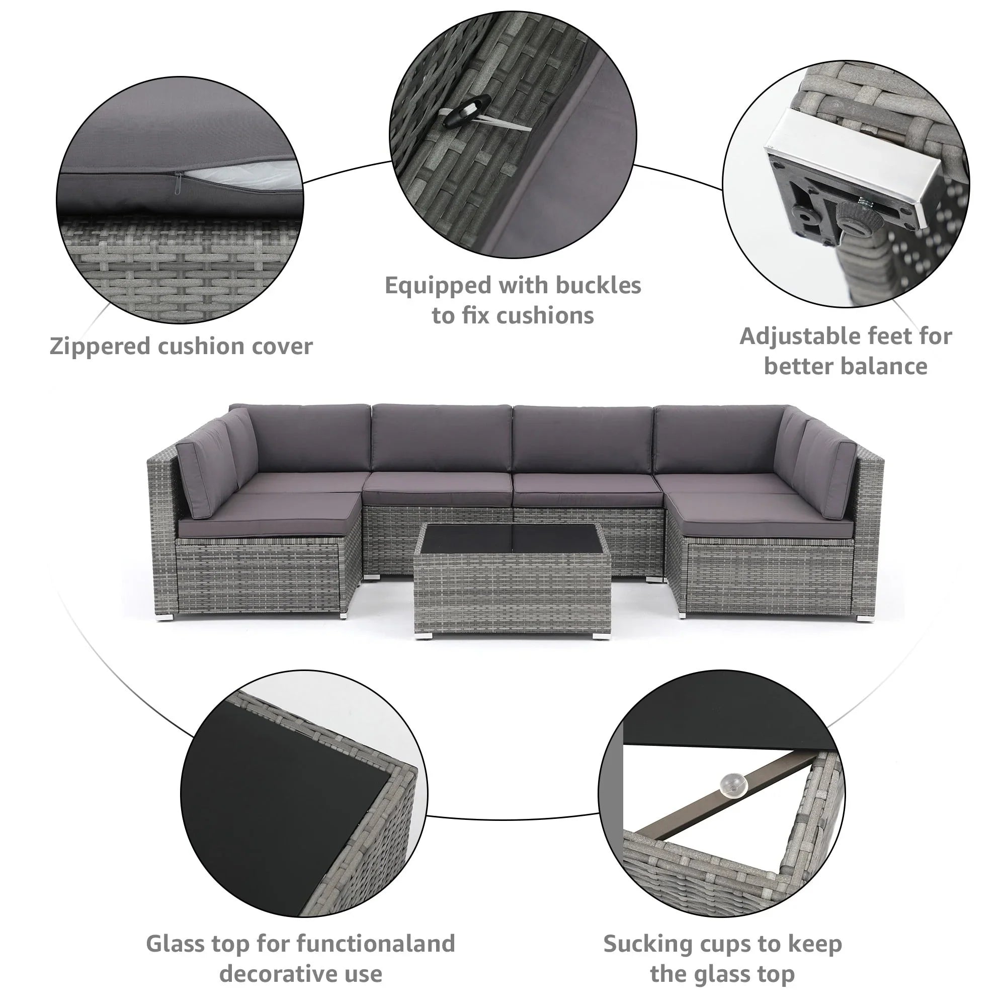 7-teiliges Outdoor-Sofa-Set aus Korbweide/Stahl mit Polstern