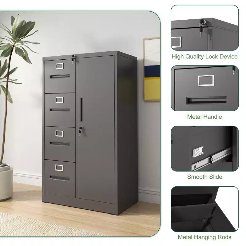 Metall-Aktenschrank Vertikal mit Schloss, Stahl-Aktenschrank mit 4 Schubladen
