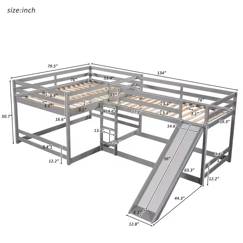 L-förmiges Etagenbett für 4 Kinder, Vierfach-Etagenbett mit Rutsche, Voll- und Twin-Holzrahmen für Schlafzimmer/Wohnheim