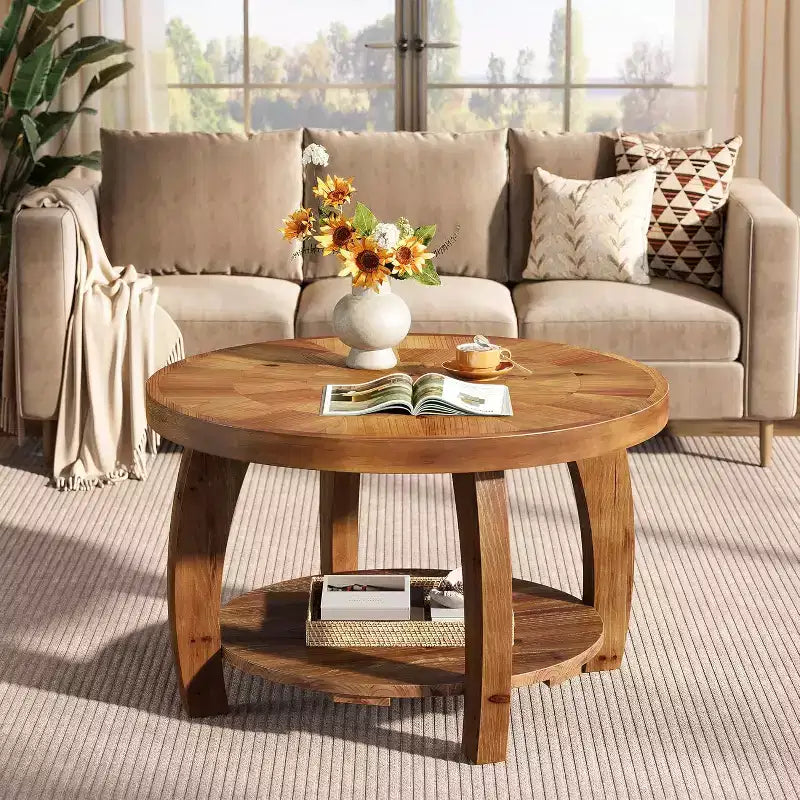 Lantine Couchtisch rund aus Massivholz, 2-stöckiger Beistelltisch mit Stauraum, 80 cm Tischplatte mit Mosaikmuster, einfache Montage, für Wohnzimmer, Braun