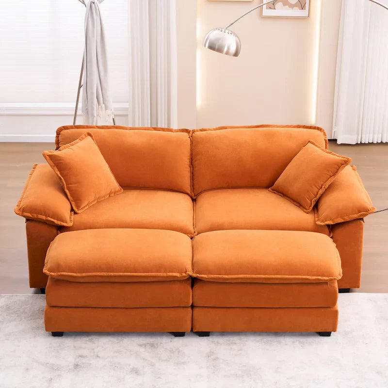 2-Sitzer-Sofa mit 2 Kissen, 2 Polstern und 2 Hockern, bequemes Sofa – Tiefes Wohnzimmersofa, Modulsofa