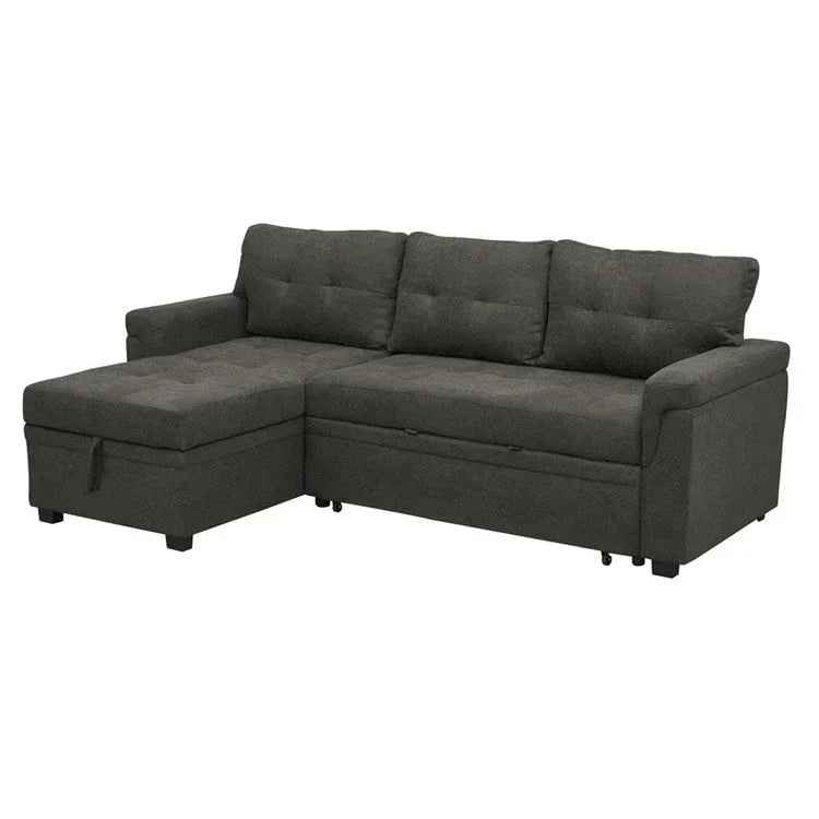 Verwandelbares, umbaubares Ecksofa mit ausziehbarem Schlafsofa, versteckter Aufbewahrung in der Récamiere und robusten Beinen
