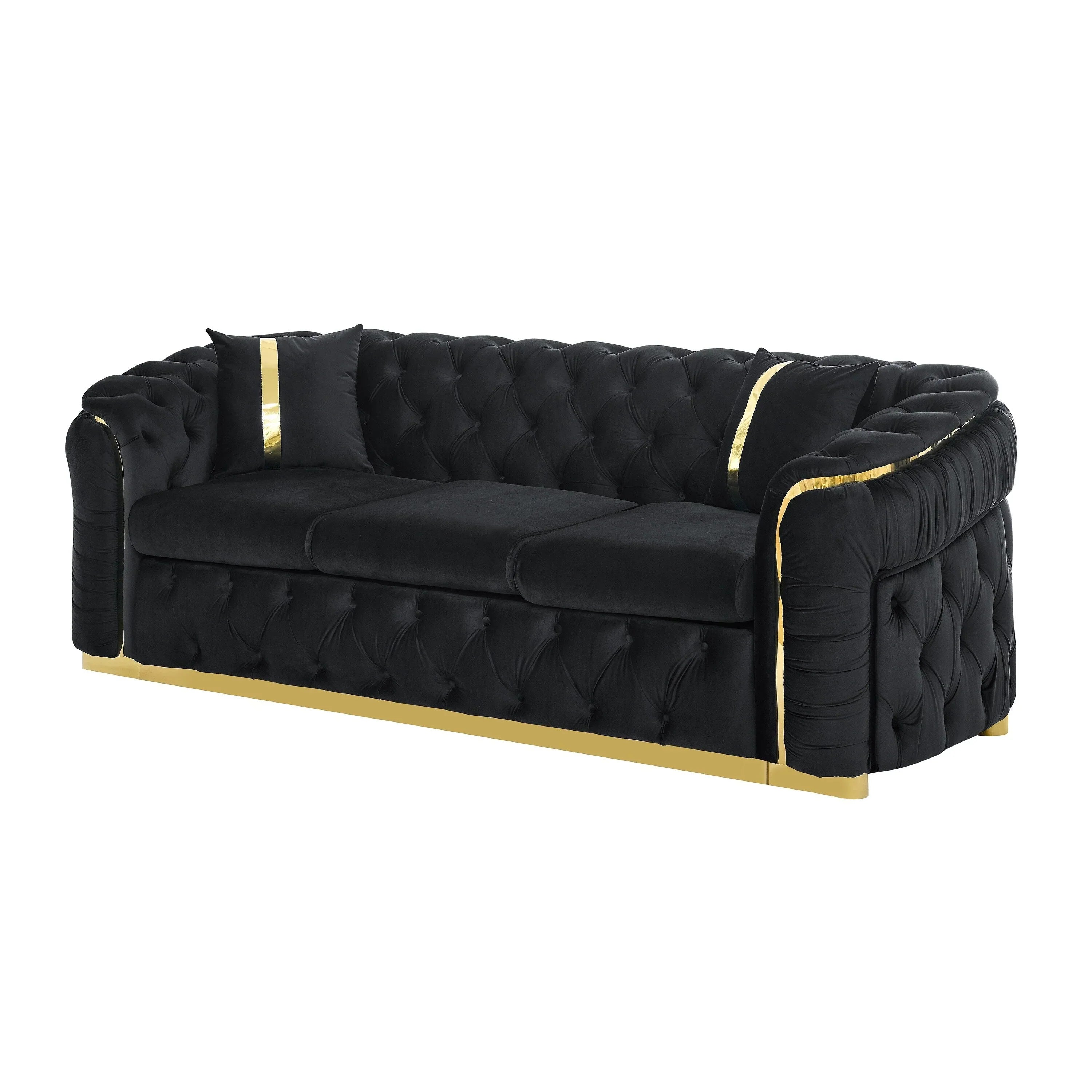90.6 Samt-Dreisitzer-Sofa mit 2 Kissen, hochdichten Polstern, goldenen Akzenten und Kissen