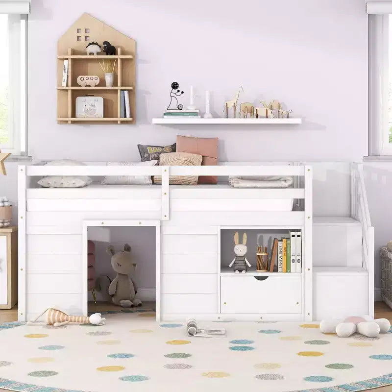 Okak Massivholz-Hochbett mit Treppe & Stauraum, Niedriges Etagenbett mit Schubladen & Regalen, Multifunktionales Hochbett für Kinder, Jugendliche