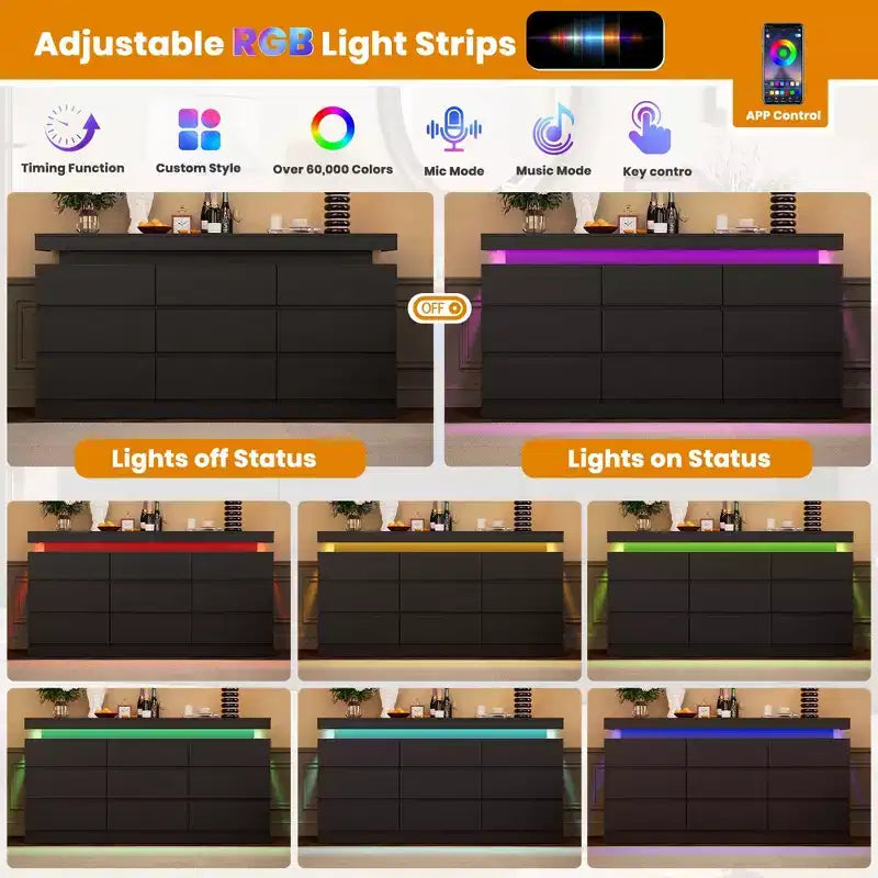9 Schubladen Kommode für Schlafzimmer, Schubladenschrank mit Ladestation & LED-Beleuchtung, Doppel-Holz-Kleiderschrank, Moderne Kommode TV-Ständer