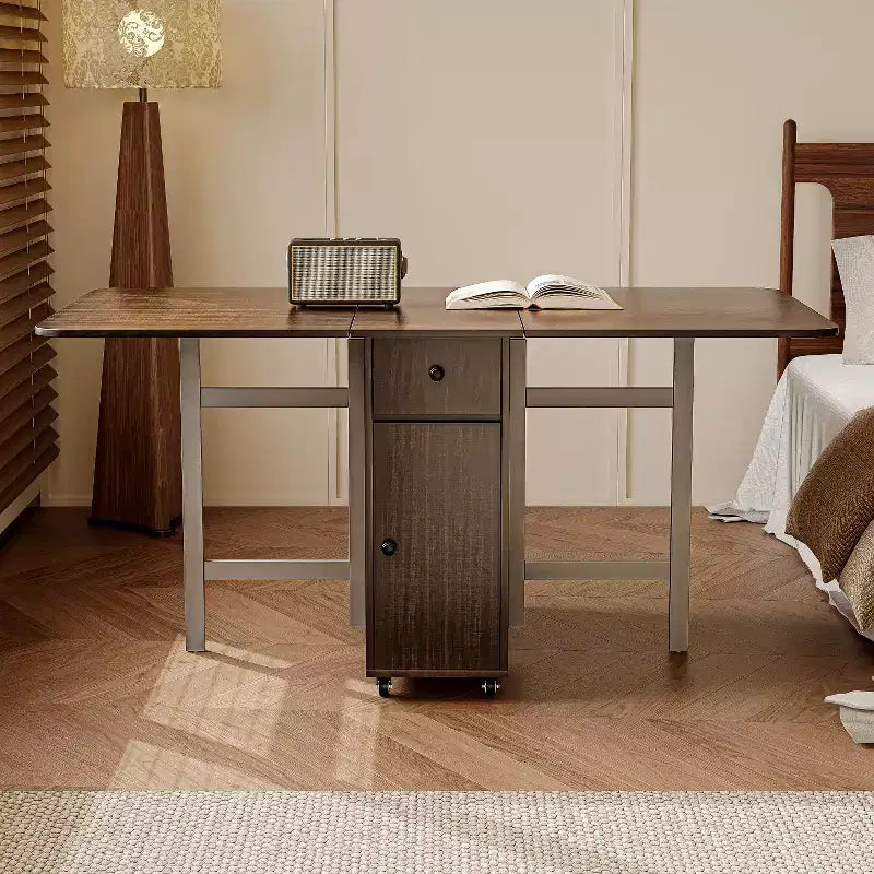 ATJafurn 59'' Klappbarer Esstisch mit Klappplatten für kleine Räume, rechteckiger, ausziehbarer Küchentisch aus Holz mit Rollen und Stauraum