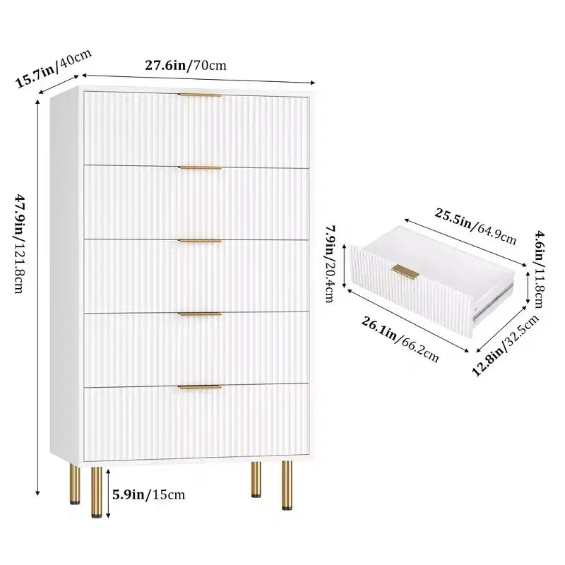 Weiß / Marmor & Holz Kommode mit 5 Schubladen – Geriffelte Platte, für 1 Person