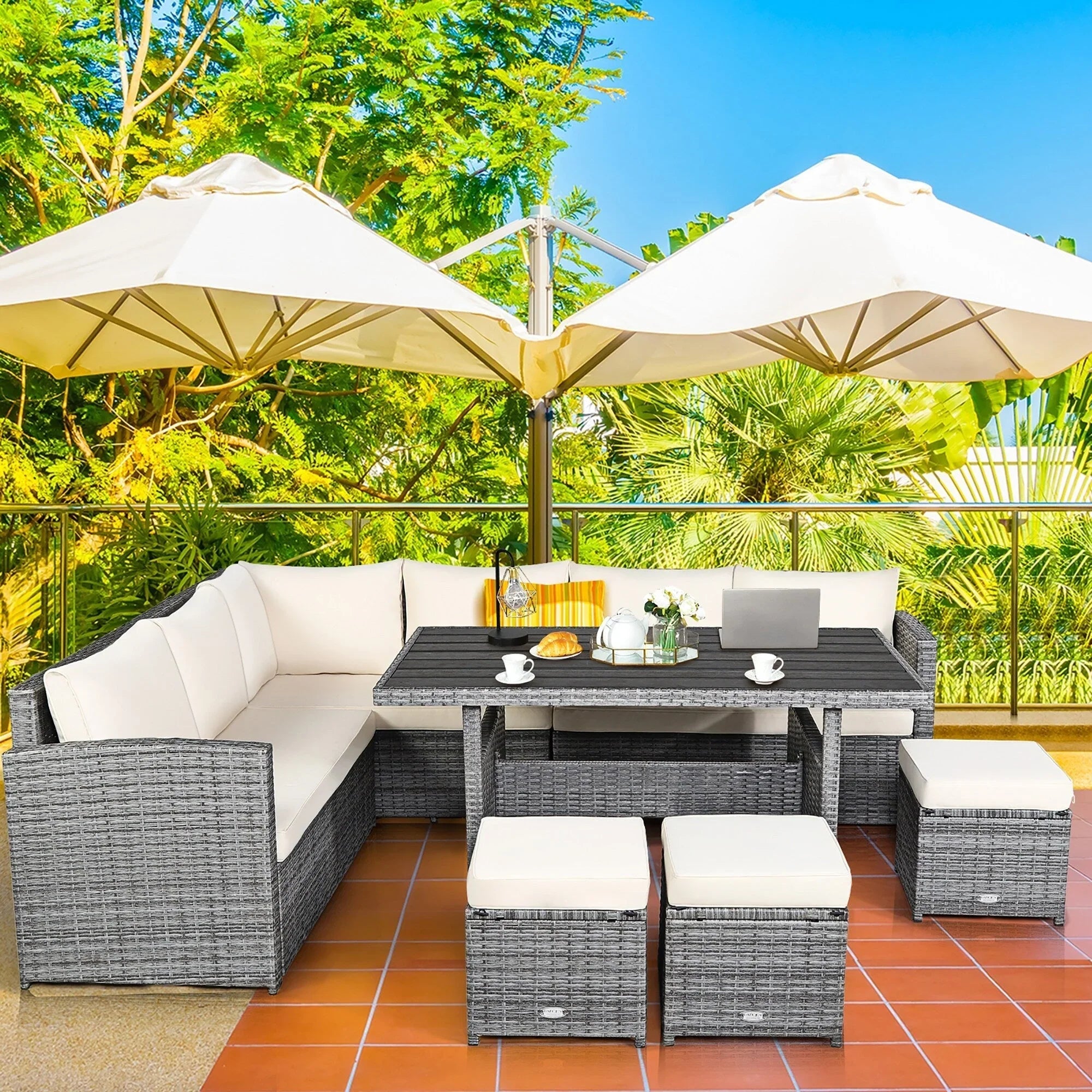 Costway 7-teiliges Terrassen-Essgruppe Rattan-Sofa Couch Ottomane – Details ansehen