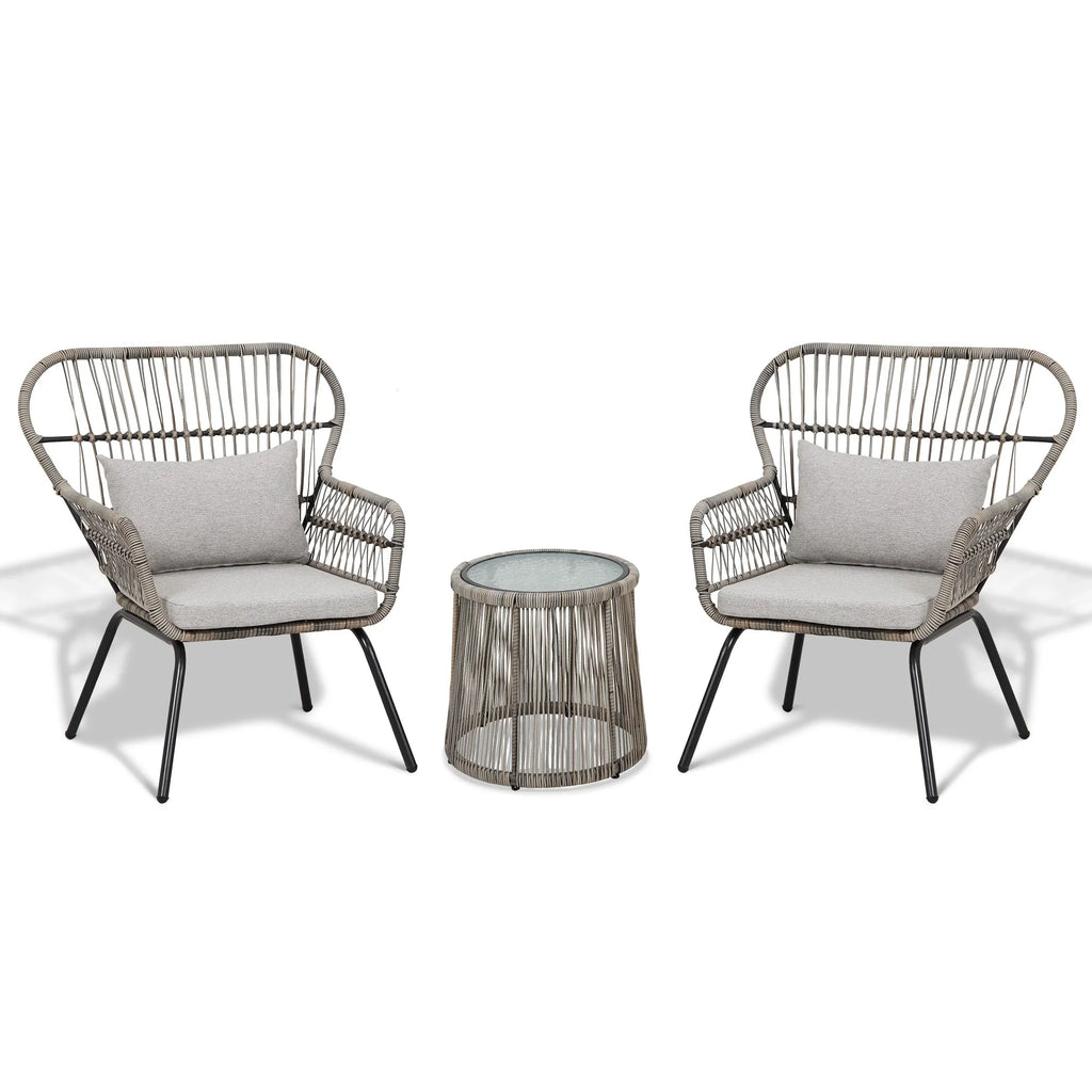 3-teiliges Outdoor-Bistro-Set aus Korbstühlen, witterungsbeständige Rattanmöbel-Sitzgruppe mit Kissen