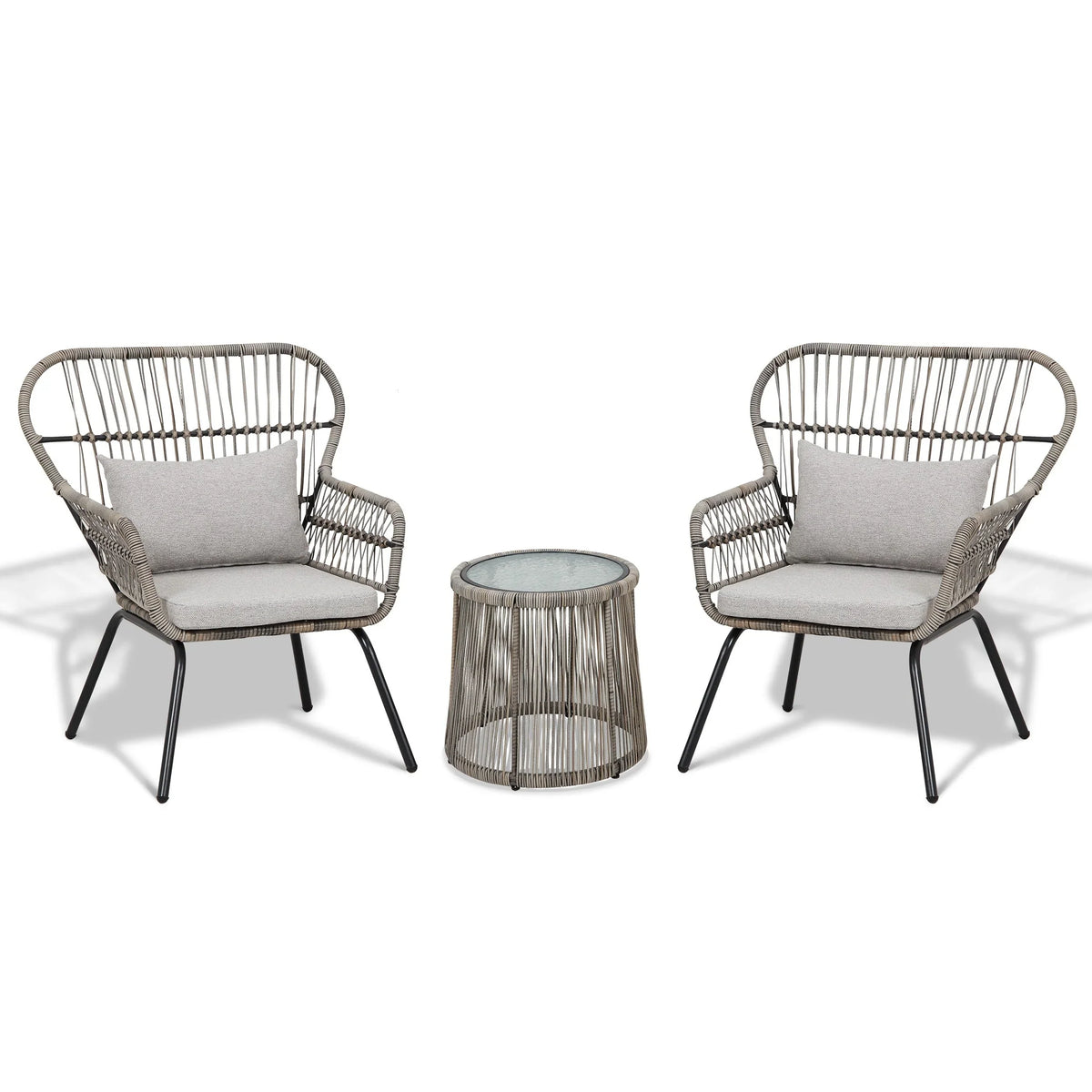 3-teiliges Outdoor-Bistro-Set aus Korbstühlen, witterungsbeständige Rattanmöbel-Sitzgruppe mit Kissen