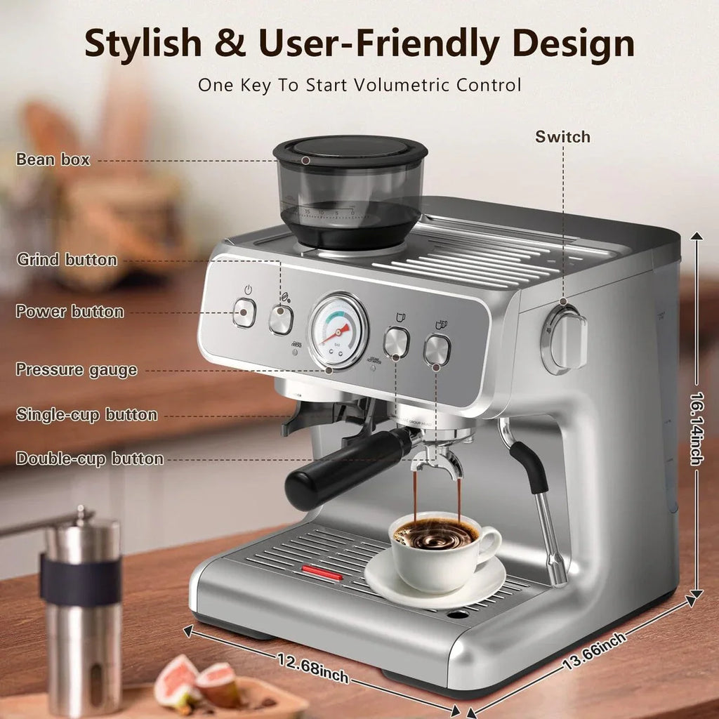 Halbautomatische Kaffeemaschine mit intelligenter Temperaturregelung und Heißwasserfunktion, 30 Mahlgradeinstellungen